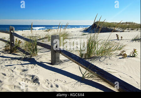 Un classico weathered staccionata in legno linee il percorso verso il mare e attraverso le numerose dune incontaminate di questa incontaminata jersey shore beach Foto Stock