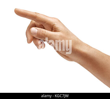 Mano d'uomo toccando o rivolta verso qualcosa di isolato su sfondo bianco. chiudere fino ad alta risoluzione. Foto Stock