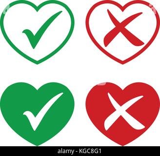 Icona di spunta set. elegante icona segno di spunta impostato in verde e rosso e cuori, illustrazione vettoriale. Illustrazione Vettoriale