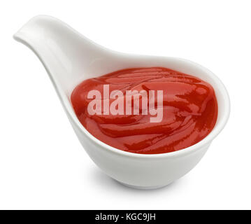 Ketchup isolati su sfondo bianco, la salsa di pomodoro nel recipiente Foto Stock