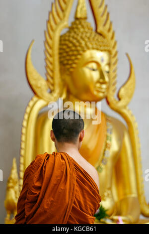 Un giovane monaco di fronte ad una statua dorata di Buddha a Wat Chedi Luang tempio. Chiang Mai, Thailandia. Foto Stock