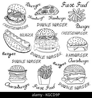 Disegnate a mano insieme di abbozzato il fast food illustrazioni, hamburger, hot dog e patatine fritte e pizza. illustrazione vettoriale, isolato su bianco Illustrazione Vettoriale