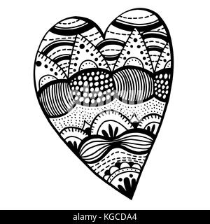 Cuore modello sagomato per pazienti adulti e bambini di età superiore libro da colorare, in bianco e nero zentangle sfondo per il giorno di san valentino biglietto di auguri paisley mano ma Illustrazione Vettoriale