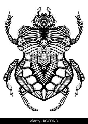 In bianco e nero disegnato a mano stilizzata zentangle beetle. doodle etnica vettore modellato bug. africano, totem egiziano. schizzo per tattoo, poster, o di stampa Illustrazione Vettoriale