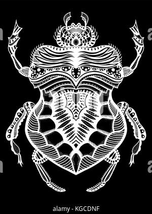 In bianco e nero disegnato a mano stilizzata zentangle beetle. doodle etnica vettore modellato bug. africano, totem egiziano. schizzo per tattoo, poster, o di stampa Illustrazione Vettoriale