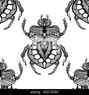 Vector seamless pattern con mano bianca e nera tracciata zentangle stilizzata beetle. doodle bug. Illustrazione Vettoriale