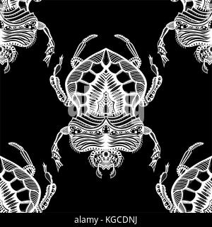 Vector seamless pattern con mano bianca e nera tracciata zentangle stilizzata beetle. doodle bug. Illustrazione Vettoriale