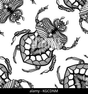 Vector seamless pattern con mano bianca e nera tracciata zentangle stilizzata beetle. doodle bug. Illustrazione Vettoriale