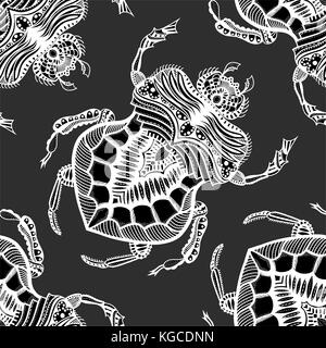 Vector seamless pattern con mano bianca e nera tracciata zentangle stilizzata beetle. doodle bug. Illustrazione Vettoriale