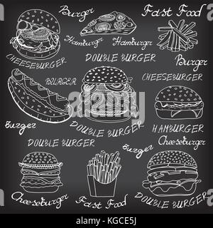 Disegnate a mano insieme di abbozzato il fast food illustrazioni, hamburger, hot dog e patatine fritte e pizza. illustrazione vettoriale, isolato su nero Illustrazione Vettoriale