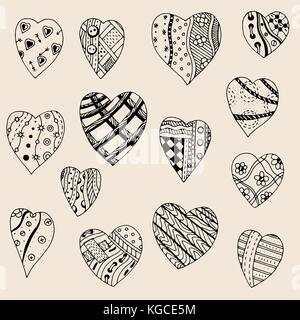 Disegnata a mano insieme di cuore nero le icone su una carta a scacchi dello sfondo. illustrazione vettoriale Illustrazione Vettoriale
