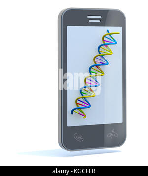 Smartphone con DNA colorato sul display 3D illustrazione Foto Stock