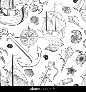 La vita marina seamless pattern. nave a vela, il Seashell, ancoraggio, bussola. Sfondo oceano Illustrazione Vettoriale