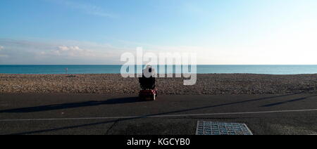 AJAXNETPHOTO. WORTHING, INGHILTERRA. - VISTA DA QUI - PERSONA IN SEDIA A ROTELLE CONTEMPLA UNA VISTA DEL CANALE INGLESE DALLA SPIAGGIA PROMENADE. FOTO: JONATHAN EASTLAND/AJAX RIF:81102 187 Foto Stock