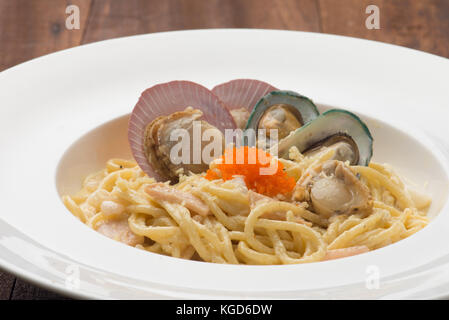 Cozze carbonara Foto Stock