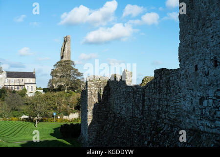 Il campanile giallo del castello di St Mary's Abbey Trim nella contea di Meath vicino Dublino, Repubblica d'Irlanda, luogo per il film braveheart con Mel Gibson Foto Stock