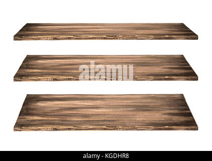 3 ripiani in legno tabella isolati su sfondo bianco Foto Stock