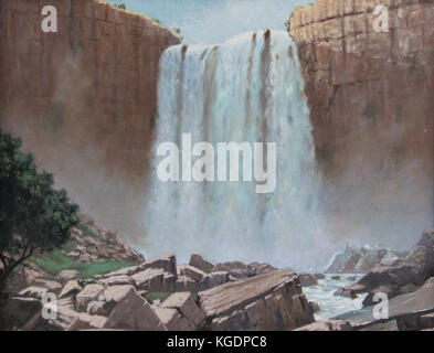 Vecchia cascata vintage sulla scogliera rocciosa paesaggio dipinto ad olio con acqua misty spray su rocce di Fractal Foto Stock