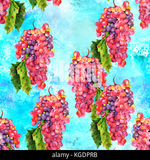 Acquerello senza giunture di uve da vino la configurazione di sfondo su teal Foto Stock