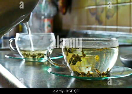 Versando acqua calda nella tazza di tè Foto Stock