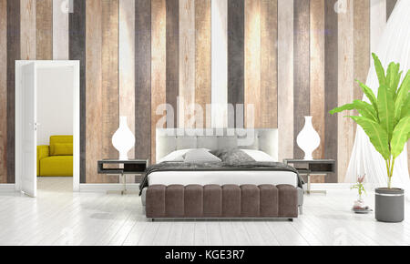 Moderno loft interior design di una camera da letto in auge con impianti e copyspace nella disposizione orizzontale. Il rendering 3d. Foto Stock