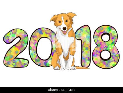 Numero 2018 da colorato luminoso multicolore cerchi di coriandoli e disegnati yellow dog simbolo astrologico dell'anno, isolato su sfondo bianco. vettore anno nuovo card, illustrazione, banner, poster Illustrazione Vettoriale