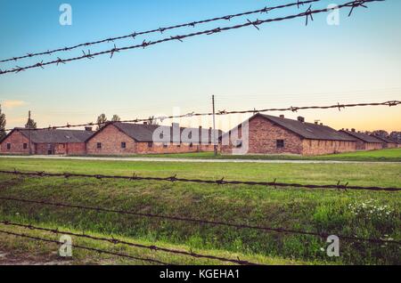 OSWIECIM, POLONIA - 29 LUGLIO 2017: Edifici nel campo di concentramento di Auschwitz Birkenau a Oswiecim, Polonia. Foto Stock