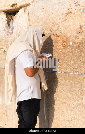 Israele la Terra Santa Gerusalemme Città Vecchia religiosa Ebreo Ebreo Tallit Tifillin kippur testa cranio pregare dal Western Wailing Wall Kotel Foto Stock