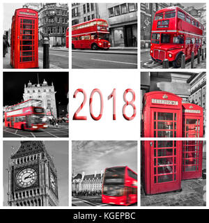 2018, london travel collage di foto in bianco e nero e rosso colore selettivo Foto Stock