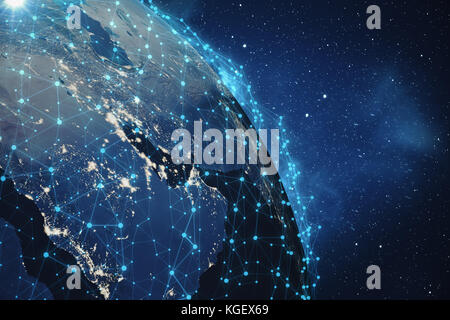 3D rendering di rete globale di sfondo. Le linee di collegamento con punti intorno al globo terrestre. global connettività internazionale. terra dallo spazio con le stelle e la nebulosa. elementi di questa immagine fornita dalla NASA Foto Stock