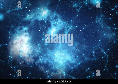 3D rendering tecnologico futuristico di connessione forma, blue dot rete, sfondo astratto, sfondo blu con stelle e nebula, il concetto di rete. Foto Stock