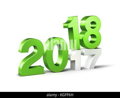Verde 2018 dattiloscritto sopra il 2017, isolato su bianco - illustrazione 3D. Foto Stock
