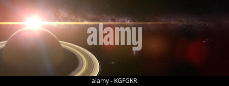 Splendida alba sul pianeta Saturno con la galassia della via Lattea sullo sfondo (banner di rendering 3d, elementi di questa immagine sono forniti dalla NASA) Foto Stock