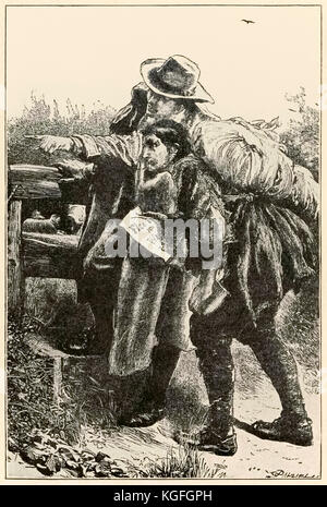 "Evangelista indica la strada' da 'Pellegrino la progressi da questo mondo per ciò che è a venire" di John Bunyan (1628-1688) illustrazione di Thomas Dalziel (1823-1906). Evangelista mostra cristiano il modo. Vedere ulteriori informazioni qui di seguito. Foto Stock