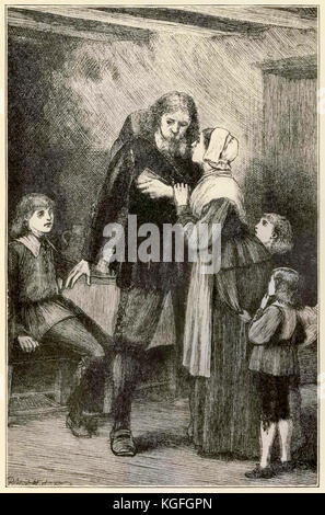 'Cristiana confida nella sua moglie' da 'Pellegrino la progressi da questo mondo per ciò che è a venire" di John Bunyan (1628-1688) illustrazione di Thomas Dalziel (1823-1906). Christian con il pesante fardello dei suoi peccati offerte addio alla sua famiglia. Vedere ulteriori informazioni qui di seguito. Foto Stock