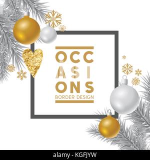 Argento e Oro Ornamenti natale composizione telaio di confine con la stanza per un messaggio personalizzato. illustrazione vettoriale Illustrazione Vettoriale