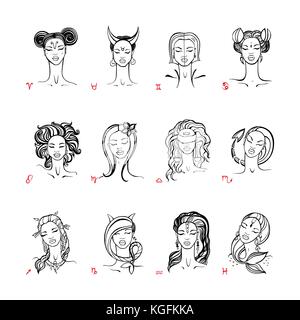 Segno zodiacale. bella moda ragazza. vettore disegnati a mano illustrazione. Illustrazione Vettoriale
