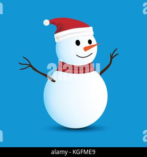 Pupazzo di neve isolato su sfondo blu, pupazzo di neve hanno Red Hat e sciarpa rossa, per il natale del concetto. illustrazione vettoriale. Illustrazione Vettoriale