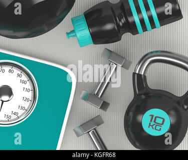 3D rendering di manubri, scala kettlebell e palestra shaker sul tappetino fitness Foto Stock