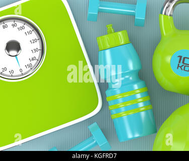 3D rendering di manubri, scala kettlebell e palestra shaker sul tappetino fitness Foto Stock