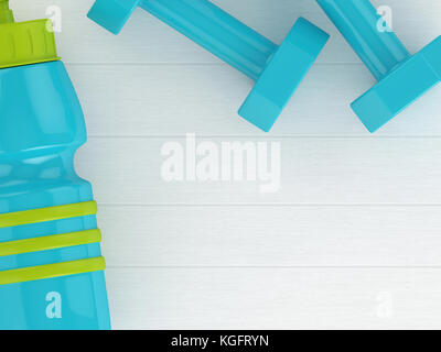 3D rendering di pesi e palestra shaker giacente sulla scrivania in legno con posto per il testo Foto Stock