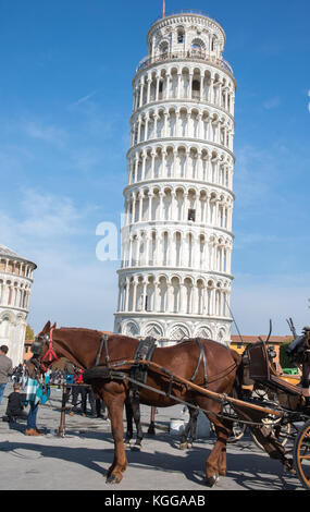 Pisa, Italia - Ott 28th, 2017: carrozze per il noleggio a pisa, Italia con la mitica Torre pendente in background Foto Stock