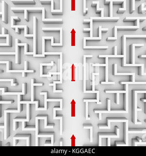 Bianca enorme struttura a labirinto, rosso le frecce che mostrano la scorciatoia attraverso la parte centrale del giardino labirinto (3d'illustrazione) Foto Stock