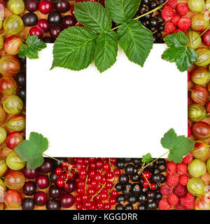 Scheda ricetta sullo sfondo dei frutti di bosco freschi (lamponi, ribes, uva secca di Corinto). vista dall'alto. Foto Stock