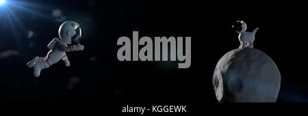Floating cartoon astronauta di carattere e un simpatico cane di spazio su asteroide in uno spazio bianco si adatta (3d illustrazione banner) Foto Stock