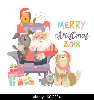 Babbo Natale seduto in poltrona in montagna con i cani Illustrazione Vettoriale