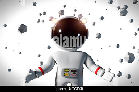 Bianco astronauta cartoon character floating tra oggetti geometrici di fronte a uno sfondo bianco (3d rendering) Foto Stock