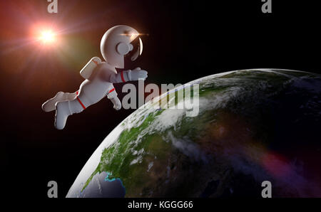 Cartoon carino astronauta in orbita del pianeta Terra illuminata dal sole (3d'illustrazione) Foto Stock