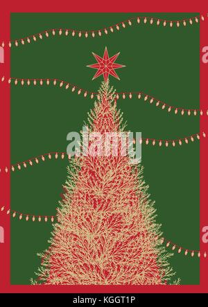 Progettazione poster per l'evento di natale in semplice stile piatto con testo. Il design dello sfondo in colore colorato con albero di natale, una stella nella parte superiore e Chris Illustrazione Vettoriale