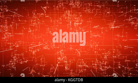 Connessioni emergenti, conduttori e segnali neurali su sfondo rosso. Connettività digitale, intelligenza artificiale e concetto di storage dei dati Foto Stock